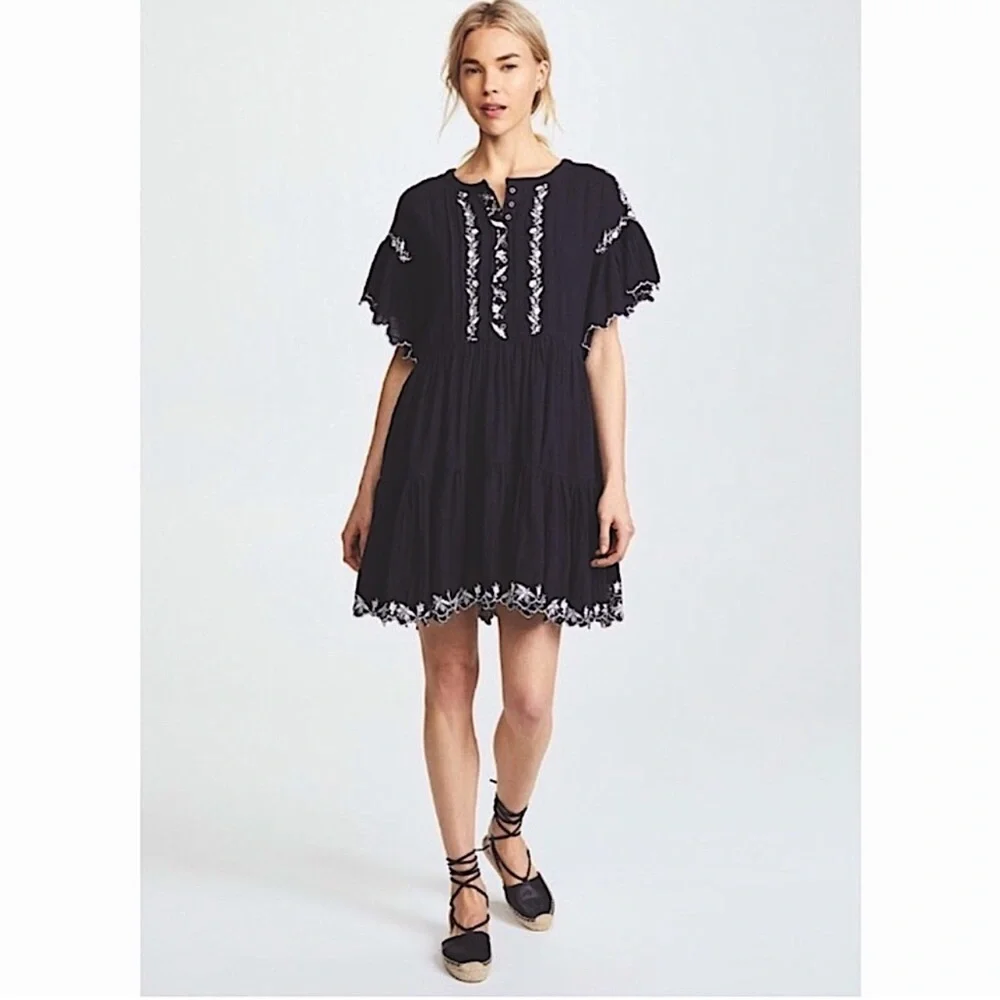 ✨ Free People Santiago Black Embroidered Gauzy Peasant Dress Pockets S Blogger - Picture 2 of 13